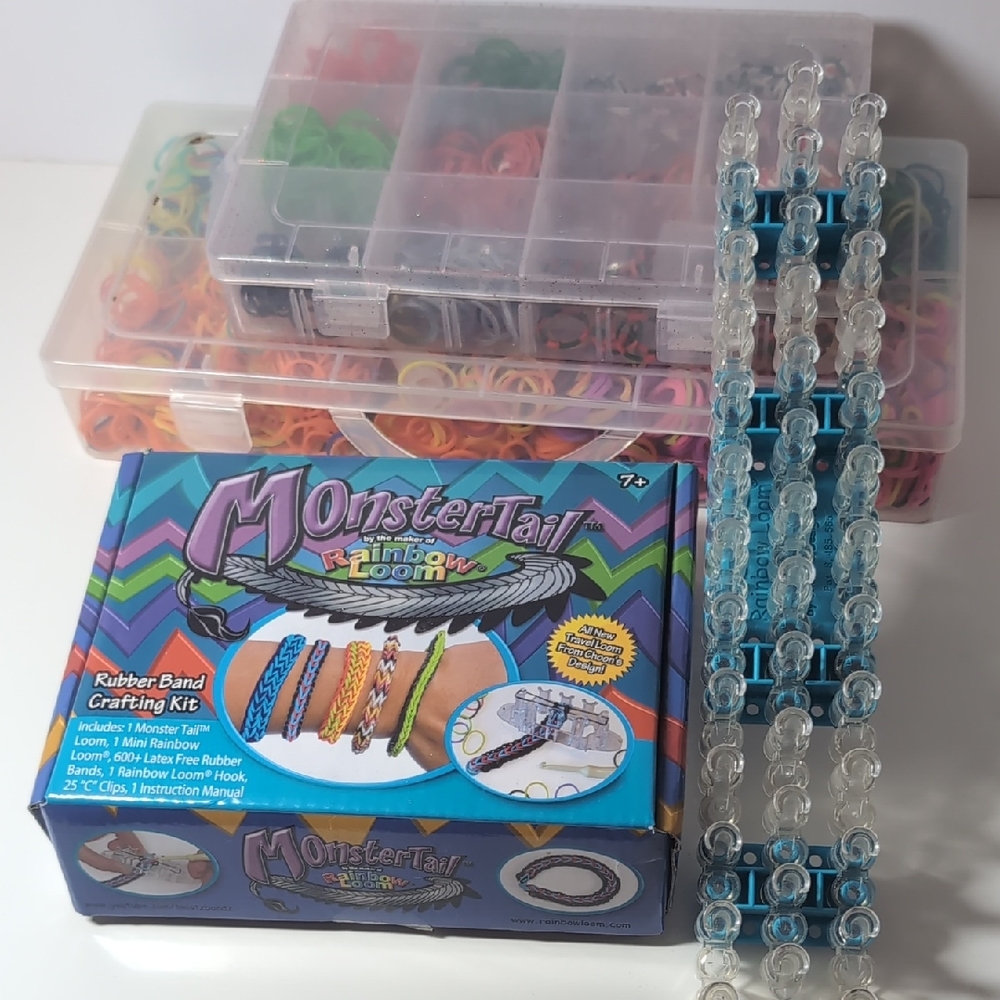 Rubber Band Crafting Lot - Monster Tail Kit, New, 1 Loom And 2 Containers